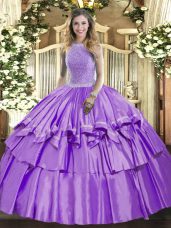 Cute Beading and Ruffled Layers 15th Birthday Dress Lavender Lace Up Sleeveless Floor Length