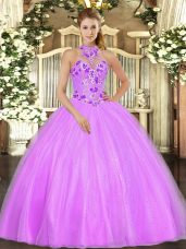 High Quality Lilac Ball Gowns Embroidery Quinceanera Dresses Lace Up Tulle Sleeveless Floor Length