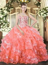 Sweetheart Sleeveless Ball Gown Prom Dress Floor Length Beading and Ruffled Layers Watermelon Red Organza