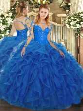 Flirting Blue Lace Up Sweet 16 Dresses Lace and Ruffles Long Sleeves Floor Length