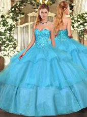 Hot Sale Aqua Blue Sleeveless Tulle Lace Up Quinceanera Gown for Military Ball and Sweet 16 and Quinceanera