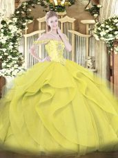 Tulle Off The Shoulder Sleeveless Lace Up Beading and Ruffles 15 Quinceanera Dress in Yellow