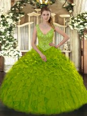 Stunning Olive Green Sleeveless Floor Length Beading and Ruffles Zipper Ball Gown Prom Dress