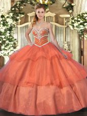 Comfortable Orange Red Tulle Lace Up Sweet 16 Dress Sleeveless Floor Length Beading and Ruffled Layers