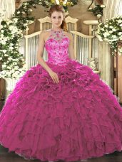 Fuchsia Organza Lace Up Quinceanera Dress Sleeveless Floor Length Beading and Ruffles