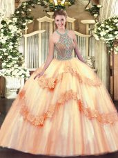 Stunning Floor Length Peach Quinceanera Gown Halter Top Sleeveless Lace Up