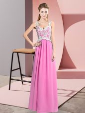 Glittering Lace Dress for Prom Rose Pink Zipper Sleeveless Floor Length