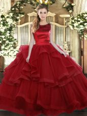Delicate Wine Red Ball Gowns Scoop Sleeveless Tulle Floor Length Lace Up Ruffled Layers Quinceanera Dress