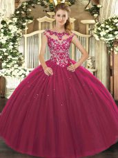 Fuchsia Ball Gowns Scoop Cap Sleeves Tulle Floor Length Lace Up Beading and Appliques Sweet 16 Dresses