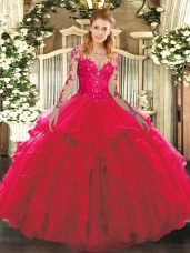 Exquisite Floor Length Lace Up Quinceanera Gowns Red for Military Ball and Sweet 16 and Quinceanera with Lace and Ruffles