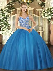 Designer Beading and Appliques Quinceanera Gowns Blue Lace Up Sleeveless Floor Length