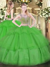 Trendy Floor Length Green Ball Gown Prom Dress Tulle Sleeveless Beading and Ruffled Layers