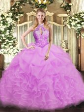 Sleeveless Organza Floor Length Lace Up 15th Birthday Dress in Lilac with Beading