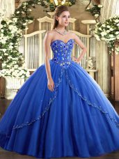 Superior Blue Sweetheart Lace Up Appliques and Embroidery Sweet 16 Dress Brush Train Sleeveless