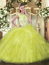 Yellow Green Organza Zipper Scoop Sleeveless Floor Length Ball Gown Prom Dress Beading and Ruffles