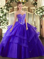 Dazzling Sweetheart Sleeveless Quinceanera Gown Floor Length Embroidery and Ruffled Layers Purple Tulle