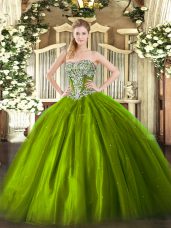 Shining Olive Green Tulle Lace Up 15th Birthday Dress Sleeveless Floor Length Beading