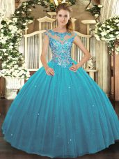 Simple Teal Ball Gowns Beading Quince Ball Gowns Lace Up Tulle Sleeveless Floor Length