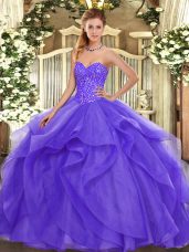 Decent Lavender Ball Gowns Tulle Sweetheart Sleeveless Beading and Ruffles Floor Length Lace Up Sweet 16 Dress