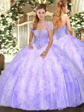 Pretty Appliques and Ruffles Quinceanera Gown Lavender Lace Up Sleeveless Floor Length
