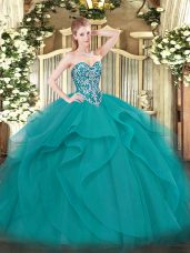 Fancy Teal Tulle Lace Up Sweet 16 Quinceanera Dress Sleeveless Floor Length Beading and Ruffles