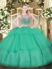 Floor Length Lace Up Sweet 16 Quinceanera Dress Turquoise for Military Ball and Sweet 16 and Quinceanera with Beading and Ruffled Layers
