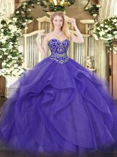 Custom Design Purple Lace Up Quinceanera Dress Beading and Ruffles Sleeveless Floor Length