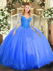 Gorgeous Blue Long Sleeves Tulle Lace Up Vestidos de Quinceanera for Military Ball and Sweet 16 and Quinceanera