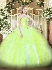Simple Off The Shoulder Sleeveless Vestidos de Quinceanera Floor Length Beading and Ruffles Yellow Green Tulle