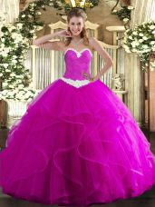 Simple Fuchsia Sleeveless Tulle Lace Up Ball Gown Prom Dress for Military Ball and Sweet 16 and Quinceanera