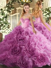Rose Pink Lace Up Sweetheart Beading Quince Ball Gowns Fabric With Rolling Flowers Sleeveless