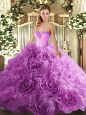 Lilac Ball Gowns Fabric With Rolling Flowers Sweetheart Sleeveless Beading Floor Length Lace Up 15th Birthday Dress