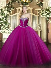 Fuchsia Tulle Lace Up Sweetheart Sleeveless Floor Length Quince Ball Gowns Beading