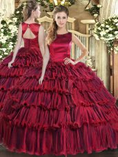 High End Scoop Sleeveless Lace Up Quince Ball Gowns Wine Red Organza