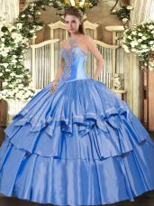 Baby Blue Lace Up 15th Birthday Dress Beading and Ruffled Layers Sleeveless Floor Length
