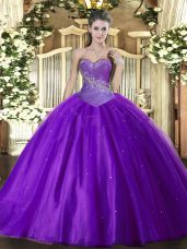Eggplant Purple Sleeveless Floor Length Beading Lace Up Sweet 16 Dress