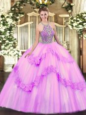 Ball Gowns Quinceanera Gowns Lilac Halter Top Tulle Sleeveless Floor Length Lace Up