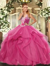 Floor Length Lace Up Quinceanera Dress Hot Pink for Military Ball and Sweet 16 and Quinceanera with Beading and Ruffles