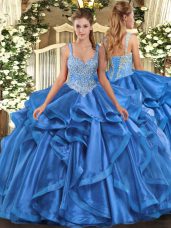 Admirable Blue Sleeveless Floor Length Beading and Ruffles Lace Up Vestidos de Quinceanera