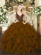 Floor Length Brown Quinceanera Dresses Organza Sleeveless Beading and Ruffles