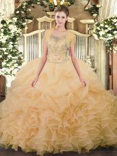 Fashion Champagne Sleeveless Floor Length Beading and Ruffled Layers Clasp Handle 15th Birthday Dress