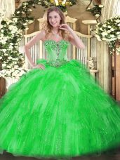 Perfect Tulle Sweetheart Sleeveless Lace Up Beading and Ruffles Sweet 16 Dress in Green