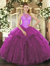 Fuchsia 15 Quinceanera Dress Military Ball and Sweet 16 and Quinceanera with Beading and Ruffles High-neck Sleeveless Lace Up