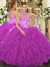 Halter Top Sleeveless Quinceanera Gowns Floor Length Beading and Embroidery and Ruffles Fuchsia Organza