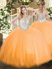 Graceful Orange Red Ball Gowns Tulle Scoop Sleeveless Beading Floor Length Zipper Quinceanera Dresses