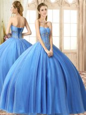 Sleeveless Tulle Floor Length Lace Up Ball Gown Prom Dress in Baby Blue with Beading