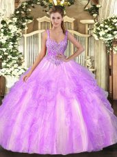 Tulle Straps Sleeveless Lace Up Beading and Ruffles Ball Gown Prom Dress in Lilac