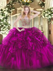 Custom Fit Fuchsia Two Pieces Beading and Ruffles Quince Ball Gowns Lace Up Organza Sleeveless Floor Length
