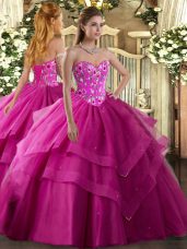 Customized Fuchsia Ball Gowns Embroidery and Ruffled Layers Quinceanera Dress Lace Up Tulle Sleeveless Floor Length