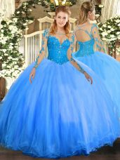 Baby Blue Ball Gowns Lace 15 Quinceanera Dress Lace Up Tulle Long Sleeves Floor Length